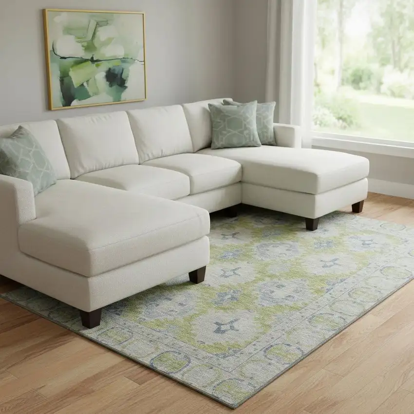 Artichoke Green And Blue Oriental Washable Area Rug With UV Protection Photo 2