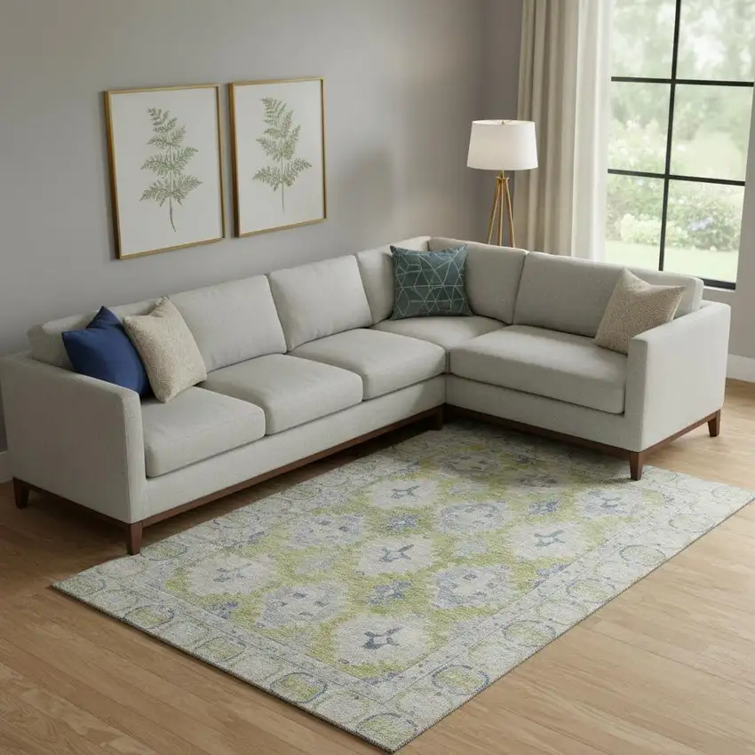 Artichoke Green And Blue Oriental Washable Area Rug With UV Protection Photo 2