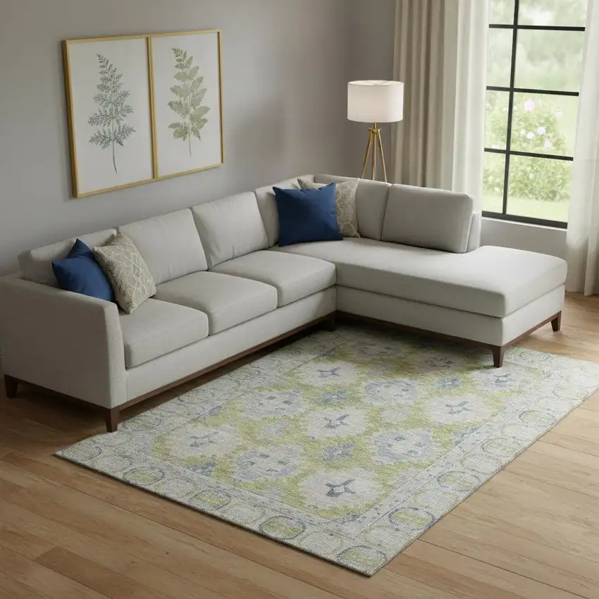 Artichoke Green And Blue Oriental Washable Area Rug With UV Protection Photo 2