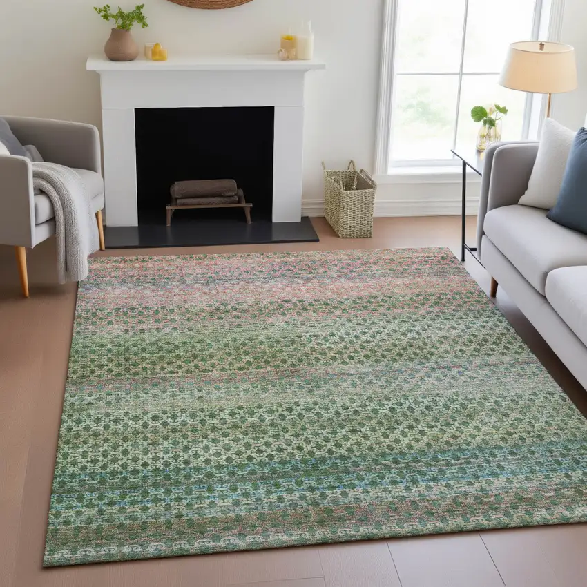 Artichoke Green And Blush Abstract Washable Indoor Outdoor Area Rug Photo 6