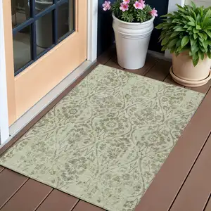 Photo of Artichoke Green And Brown Floral Washable Indoor Outdoor Area Rug