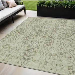 Photo of Artichoke Green And Brown Floral Washable Indoor Outdoor Area Rug