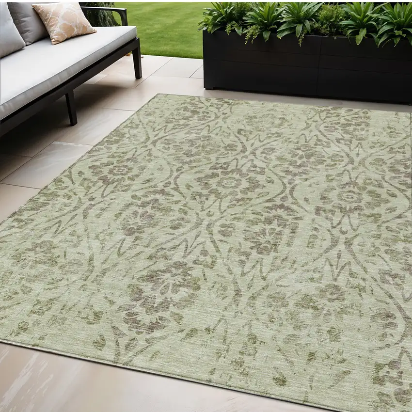 Artichoke Green And Brown Floral Washable Indoor Outdoor Area Rug Photo 1
