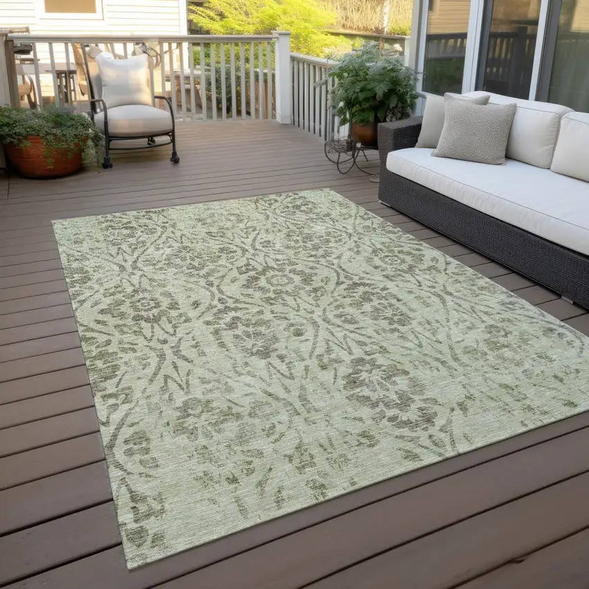 Artichoke Green And Brown Floral Washable Indoor Outdoor Area Rug Photo 8