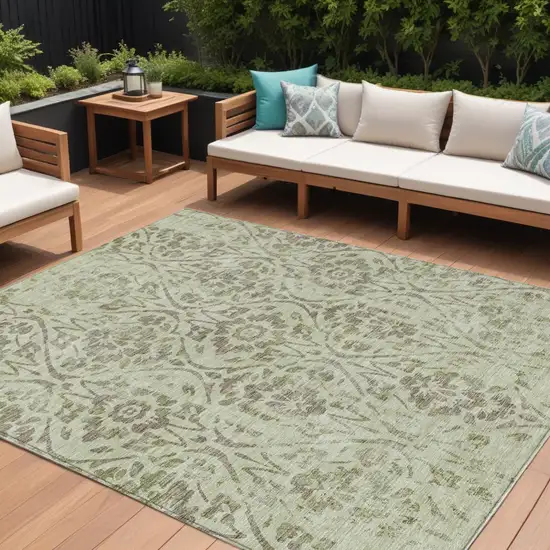 Artichoke Green And Brown Floral Washable Indoor Outdoor Area Rug Photo 1