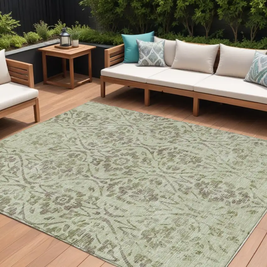 Artichoke Green And Brown Floral Washable Indoor Outdoor Area Rug Photo 1