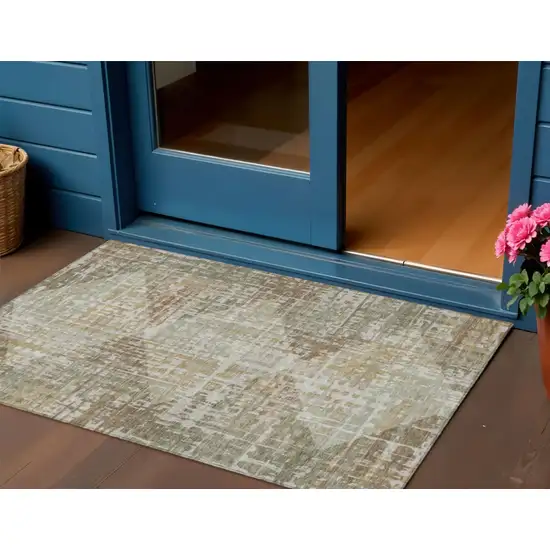 Artichoke Green And Brown Geometric Washable Indoor Outdoor Area Rug Photo 2