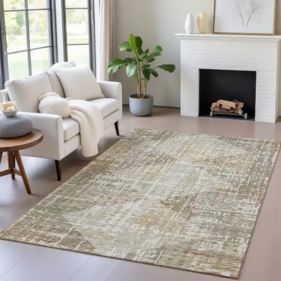 Artichoke Green And Brown Geometric Washable Indoor Outdoor Area Rug Photo 6