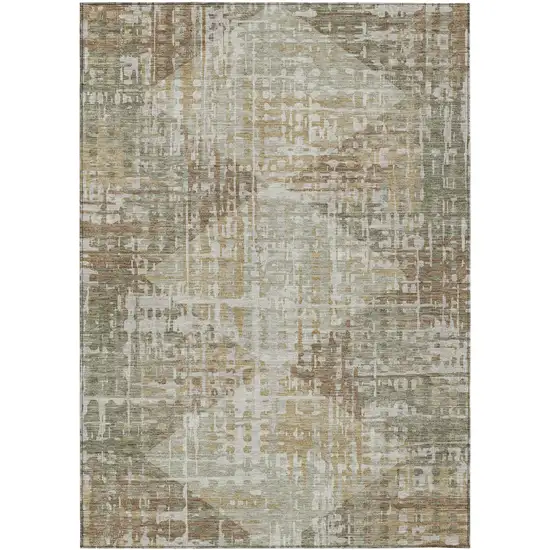 Artichoke Green And Brown Geometric Washable Indoor Outdoor Area Rug Photo 1