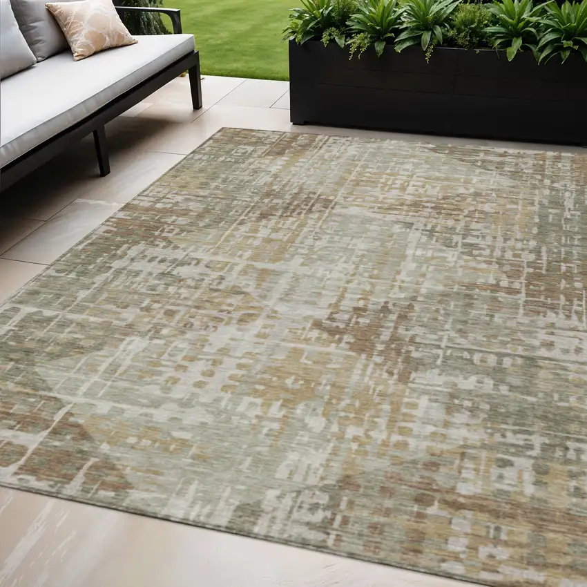 Artichoke Green And Brown Geometric Washable Indoor Outdoor Area Rug Photo 2