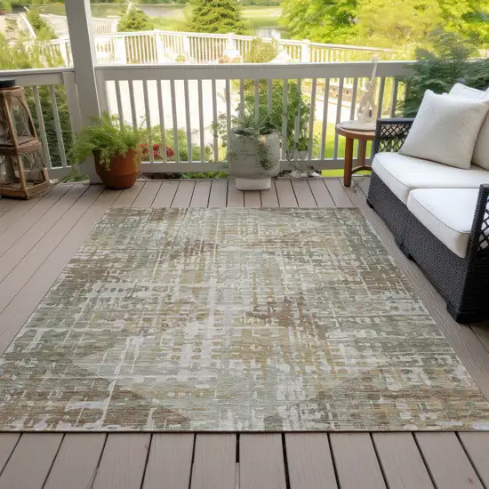 Artichoke Green And Brown Geometric Washable Indoor Outdoor Area Rug Photo 8