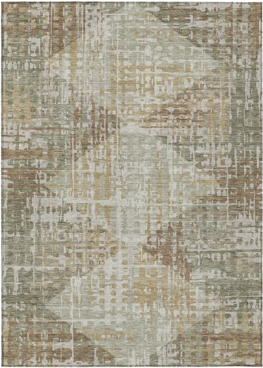 Artichoke Green And Brown Geometric Washable Indoor Outdoor Area Rug Photo 1
