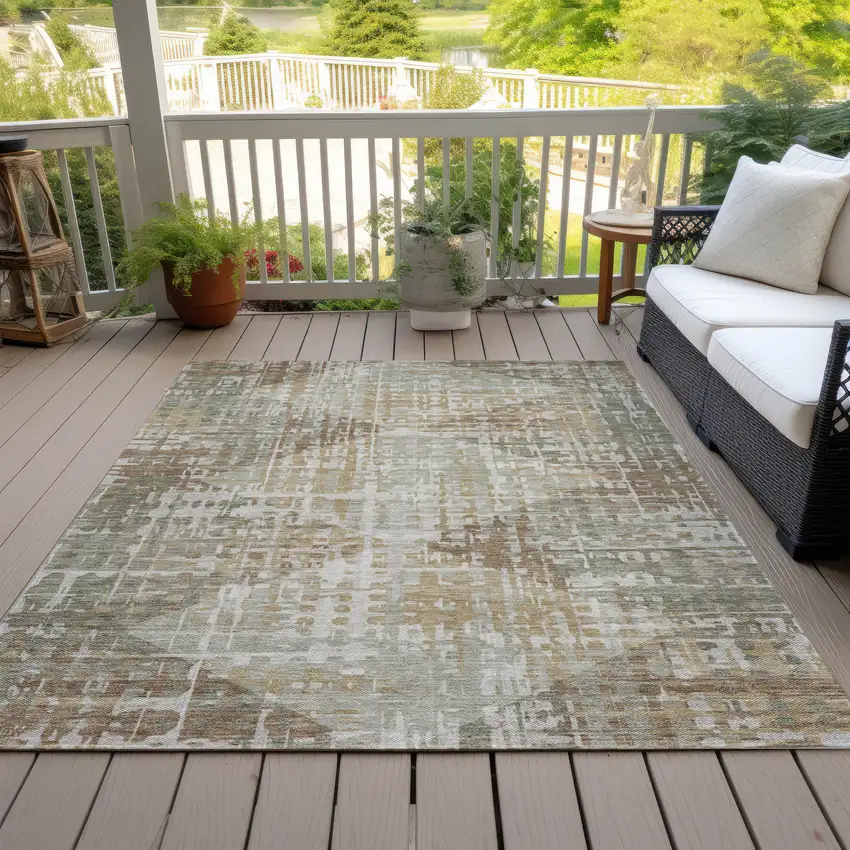 Artichoke Green And Brown Geometric Washable Indoor Outdoor Area Rug Photo 8