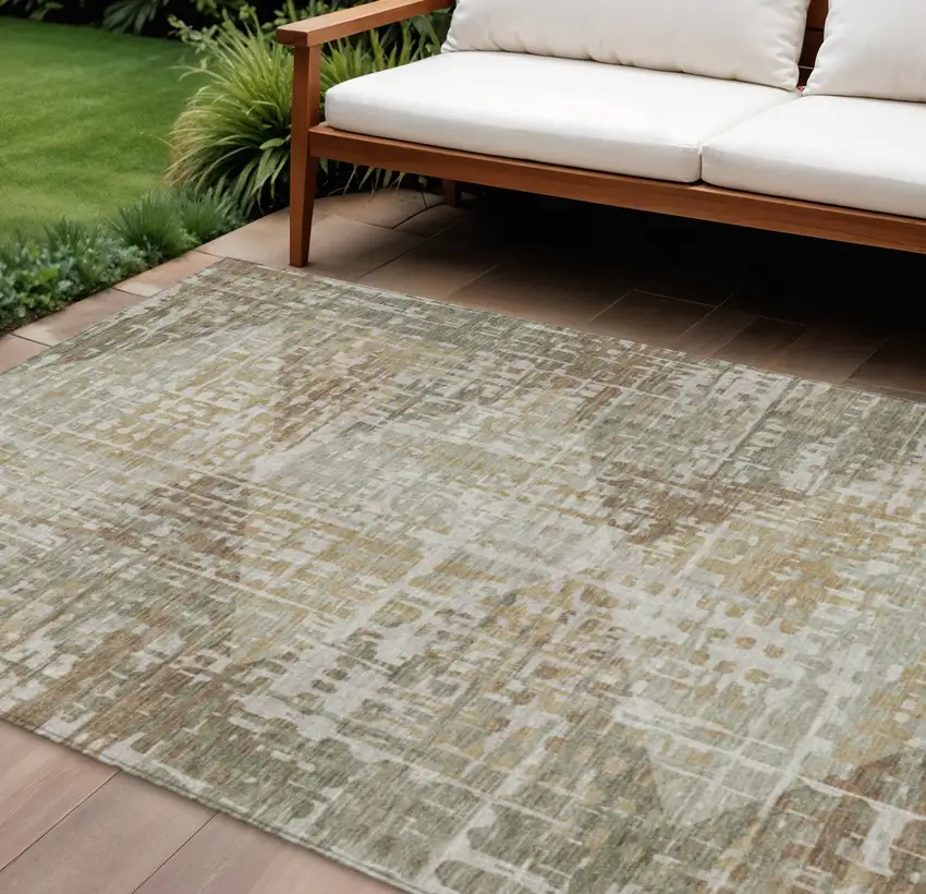 Artichoke Green And Brown Geometric Washable Indoor Outdoor Area Rug Photo 2