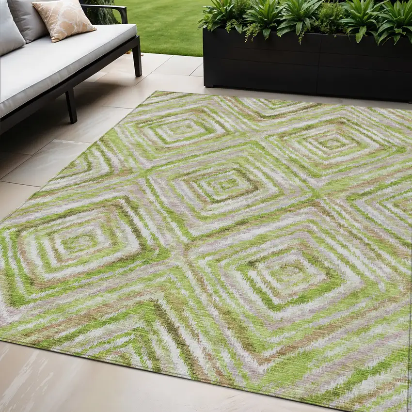 Artichoke Green And Brown Geometric Washable Indoor Outdoor Area Rug Photo 1