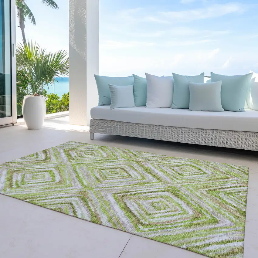 Artichoke Green And Brown Geometric Washable Indoor Outdoor Area Rug Photo 8