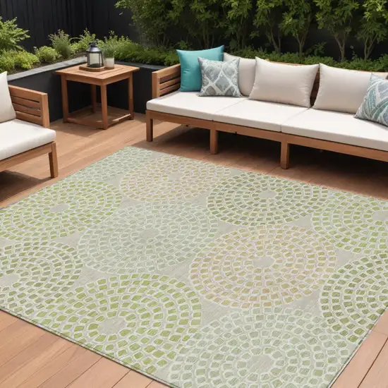 Artichoke Green And Brown Geometric Washable Indoor Outdoor Area Rug Photo 1