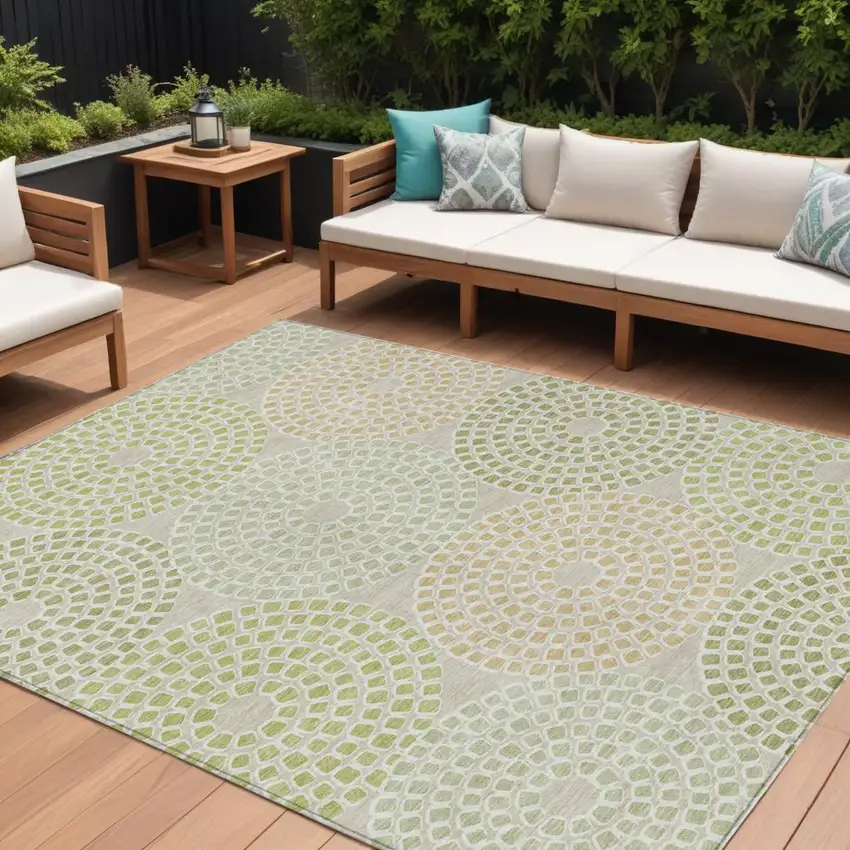 Artichoke Green And Brown Geometric Washable Indoor Outdoor Area Rug Photo 1