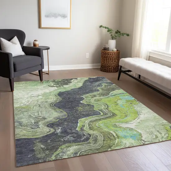 Artichoke Green And Charcoal Abstract Washable Indoor Outdoor Area Rug Photo 7