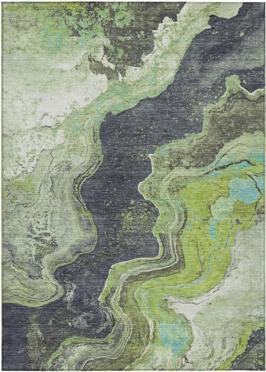 Artichoke Green And Charcoal Abstract Washable Indoor Outdoor Area Rug Photo 9