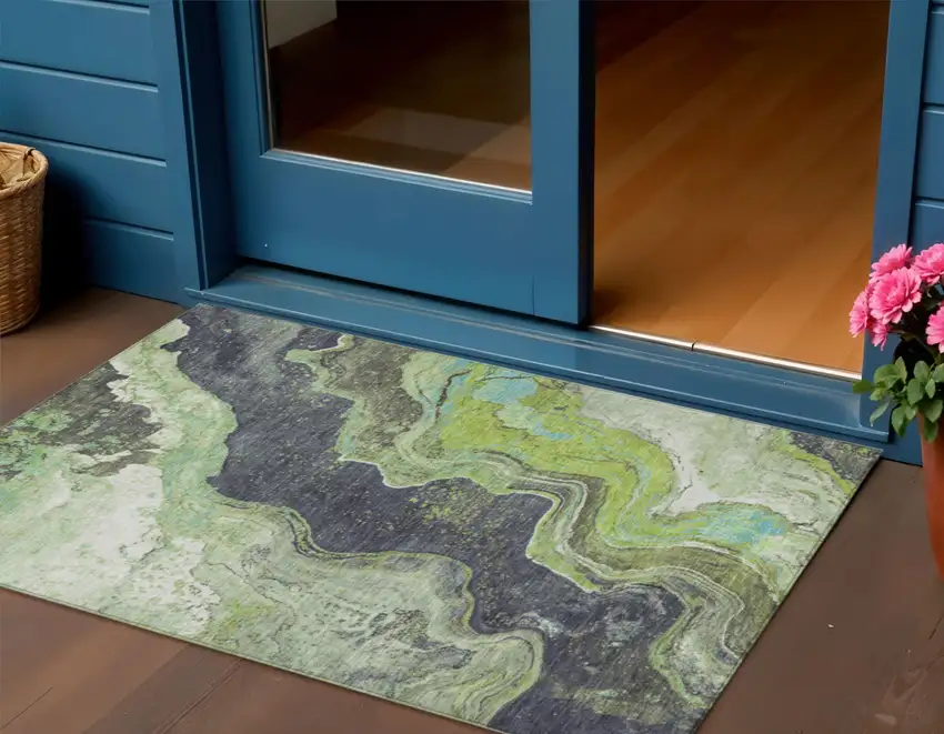 Artichoke Green And Charcoal Abstract Washable Indoor Outdoor Area Rug Photo 2