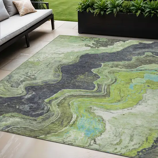 Artichoke Green And Charcoal Abstract Washable Indoor Outdoor Area Rug Photo 2