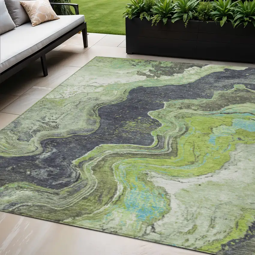 Artichoke Green And Charcoal Abstract Washable Indoor Outdoor Area Rug Photo 2