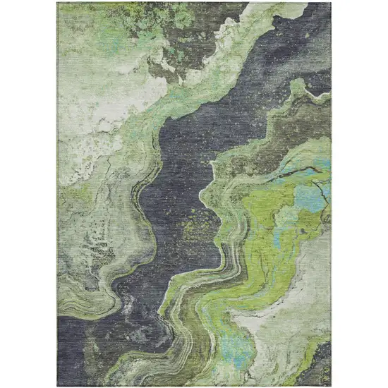 Artichoke Green And Charcoal Abstract Washable Indoor Outdoor Area Rug Photo 8