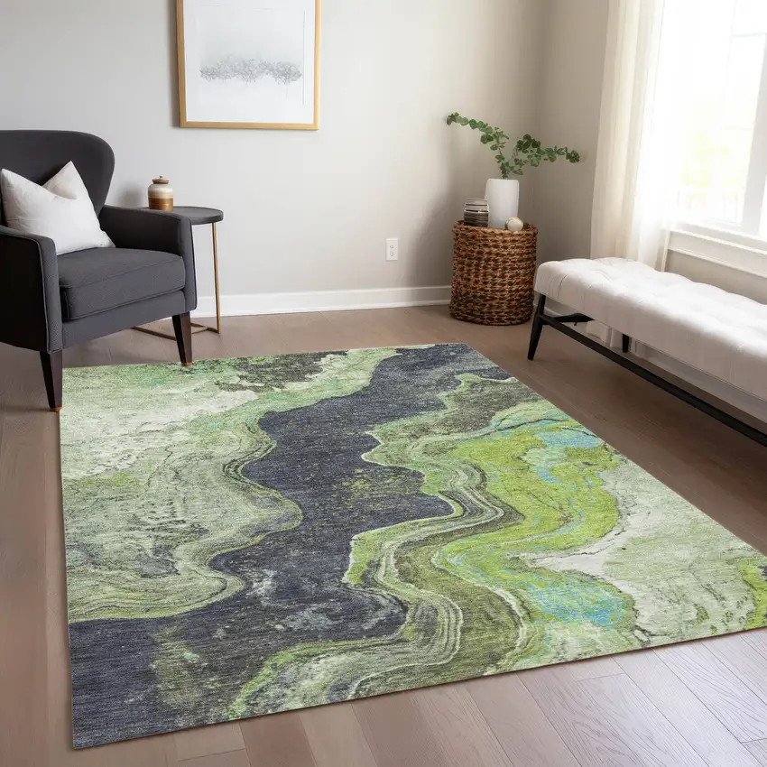 Artichoke Green And Charcoal Abstract Washable Indoor Outdoor Area Rug Photo 7