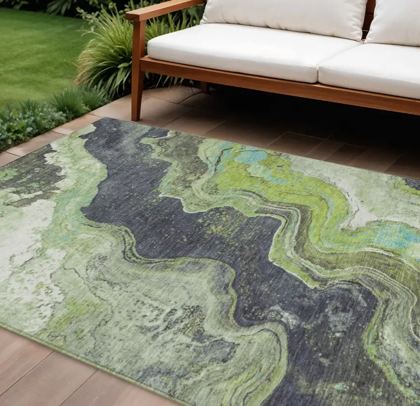 Artichoke Green And Charcoal Abstract Washable Indoor Outdoor Area Rug Photo 2