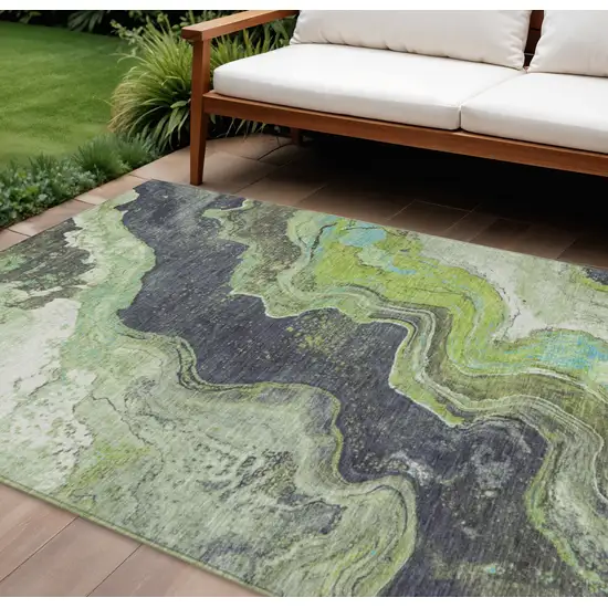 Artichoke Green And Charcoal Abstract Washable Indoor Outdoor Area Rug Photo 2