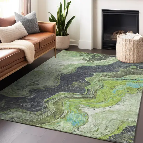 Artichoke Green And Charcoal Abstract Washable Indoor Outdoor Area Rug Photo 5