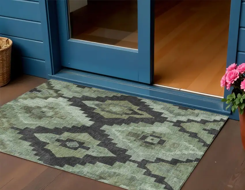 Artichoke Green And Charcoal Aztec Washable Indoor Outdoor Area Rug Photo 2