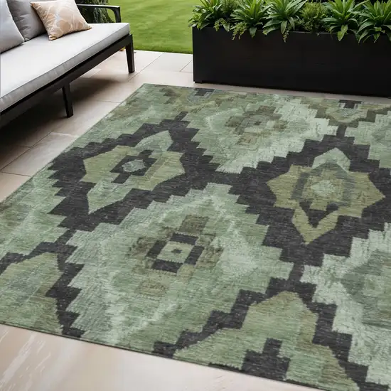 Artichoke Green And Charcoal Aztec Washable Indoor Outdoor Area Rug Photo 2