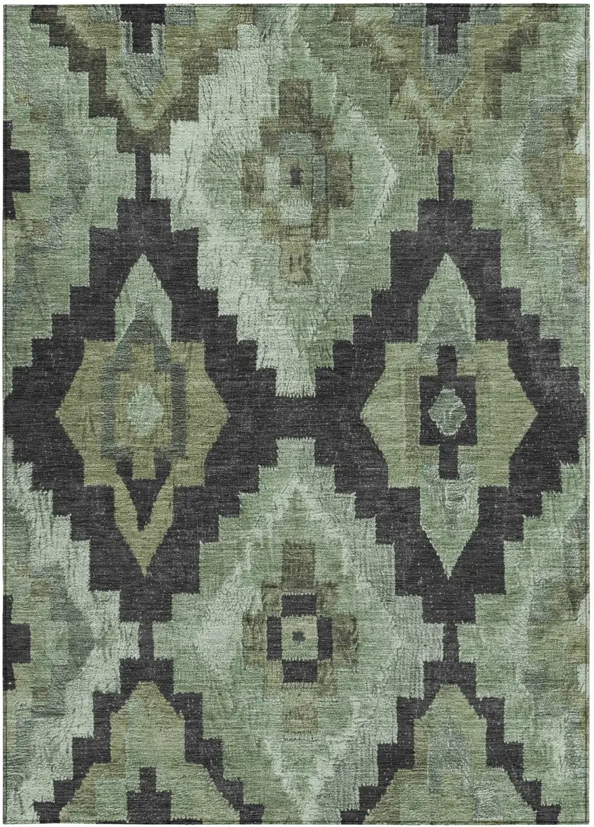 Artichoke Green And Charcoal Aztec Washable Indoor Outdoor Area Rug Photo 3
