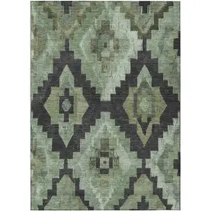 Photo of Artichoke Green And Charcoal Aztec Washable Indoor Outdoor Area Rug