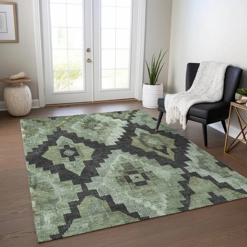 Artichoke Green And Charcoal Aztec Washable Indoor Outdoor Area Rug Photo 6