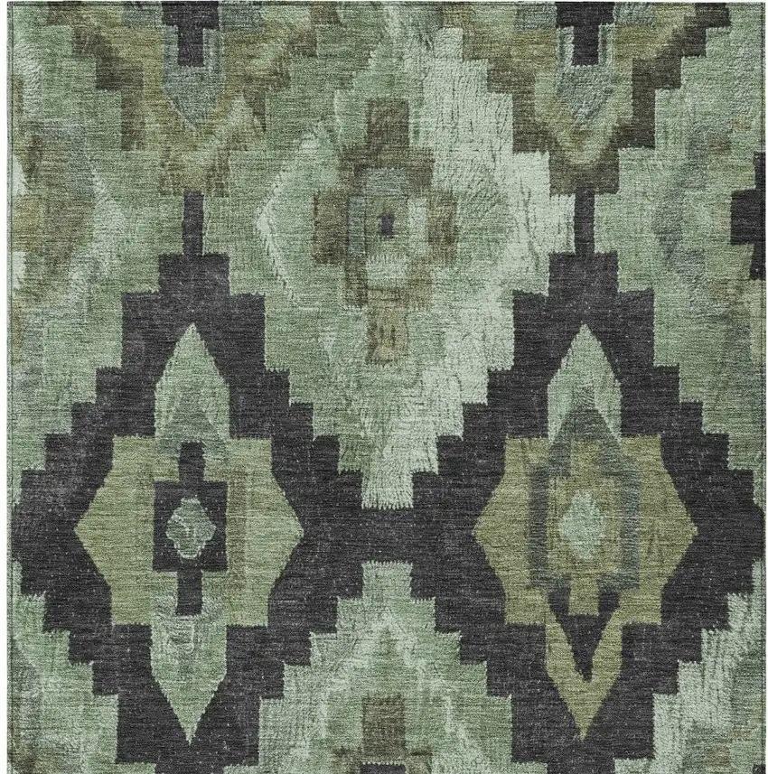 Artichoke Green And Charcoal Aztec Washable Indoor Outdoor Area Rug Photo 7