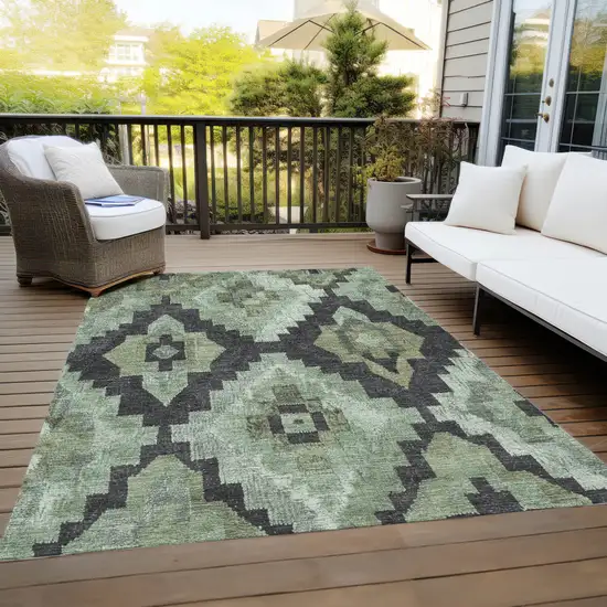 Artichoke Green And Charcoal Aztec Washable Indoor Outdoor Area Rug Photo 9
