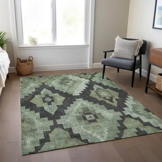 Artichoke Green And Charcoal Aztec Washable Indoor Outdoor Area Rug Photo 8