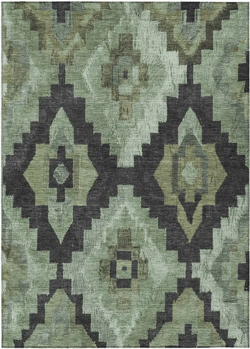 Artichoke Green And Charcoal Aztec Washable Indoor Outdoor Area Rug Photo 1