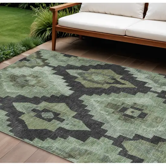 Artichoke Green And Charcoal Aztec Washable Indoor Outdoor Area Rug Photo 3