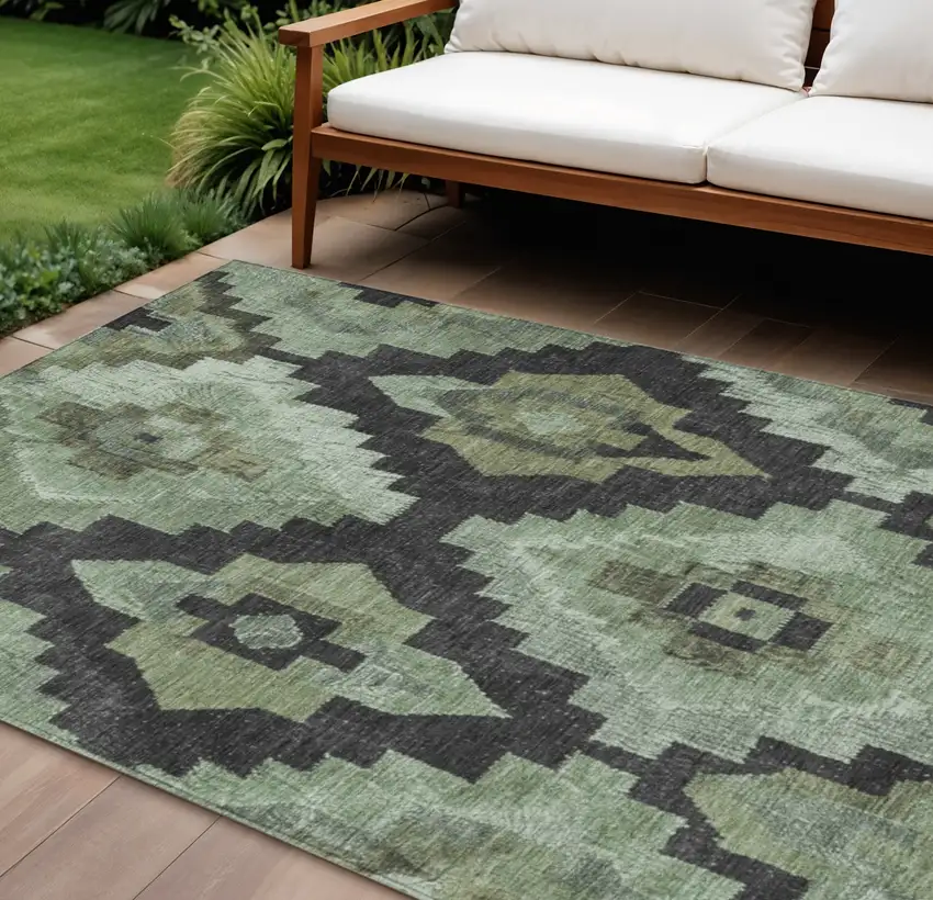 Artichoke Green And Charcoal Aztec Washable Indoor Outdoor Area Rug Photo 3