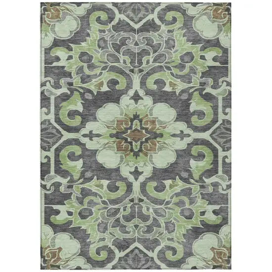 Artichoke Green And Charcoal Damask Washable Indoor Outdoor Area Rug Photo 1