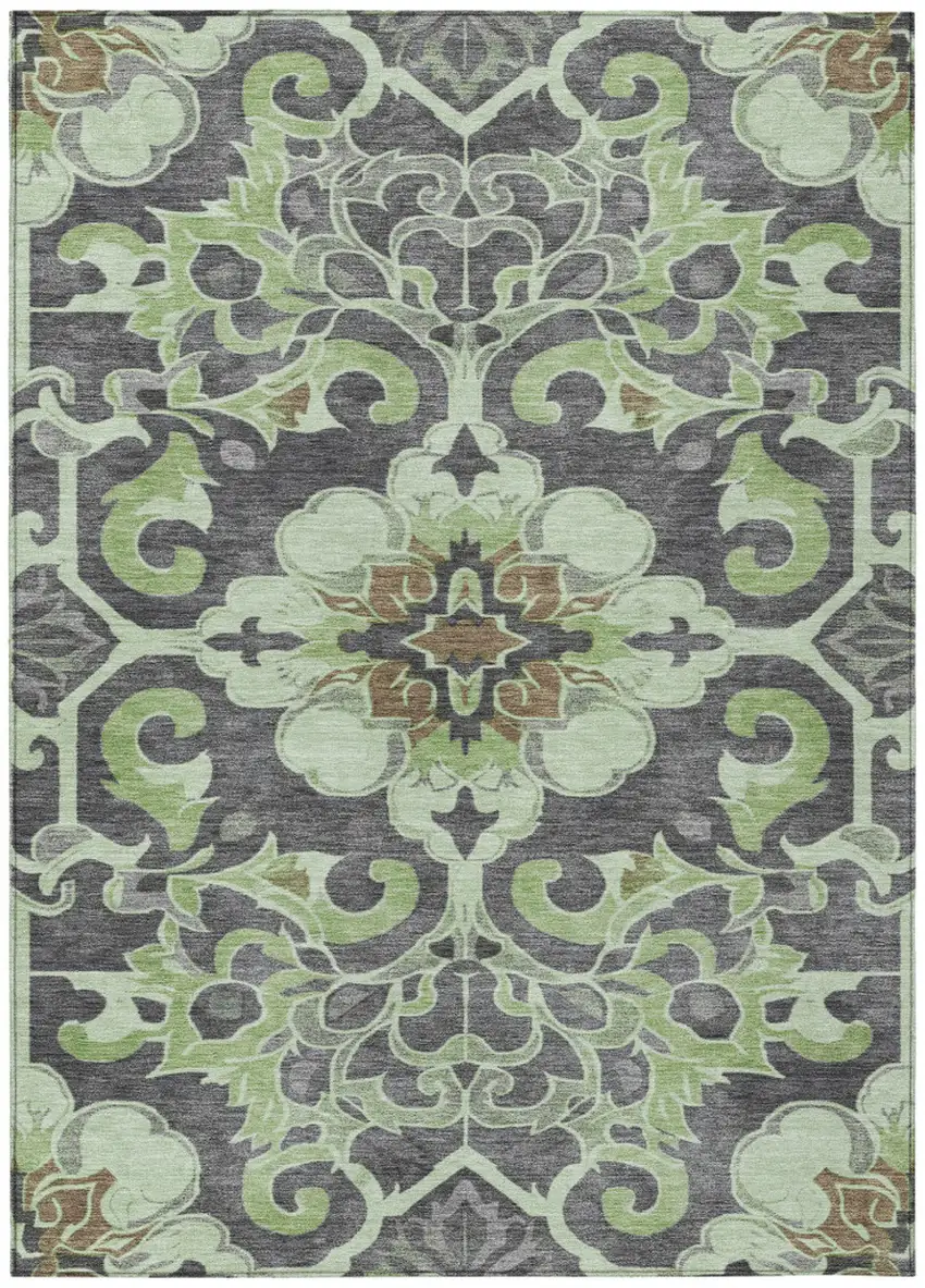 Artichoke Green And Charcoal Damask Washable Indoor Outdoor Area Rug Photo 1