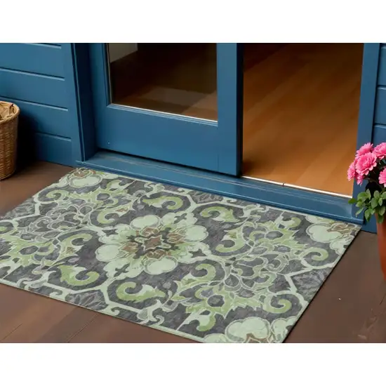 Artichoke Green And Charcoal Damask Washable Indoor Outdoor Area Rug Photo 2