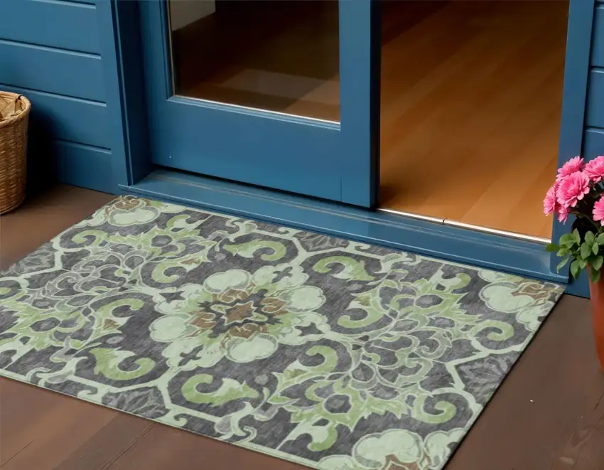 Artichoke Green And Charcoal Damask Washable Indoor Outdoor Area Rug Photo 2