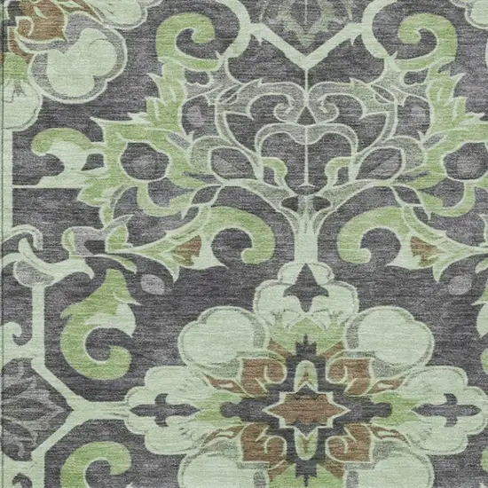 Artichoke Green And Charcoal Damask Washable Indoor Outdoor Area Rug Photo 4