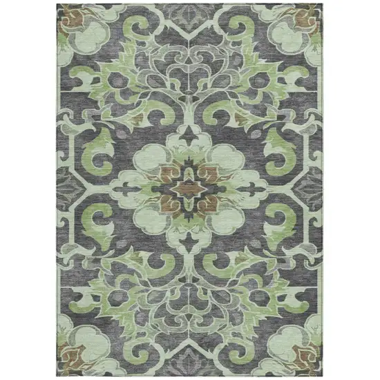 Artichoke Green And Charcoal Damask Washable Indoor Outdoor Area Rug Photo 3