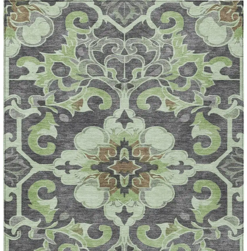 Artichoke Green And Charcoal Damask Washable Indoor Outdoor Area Rug Photo 9
